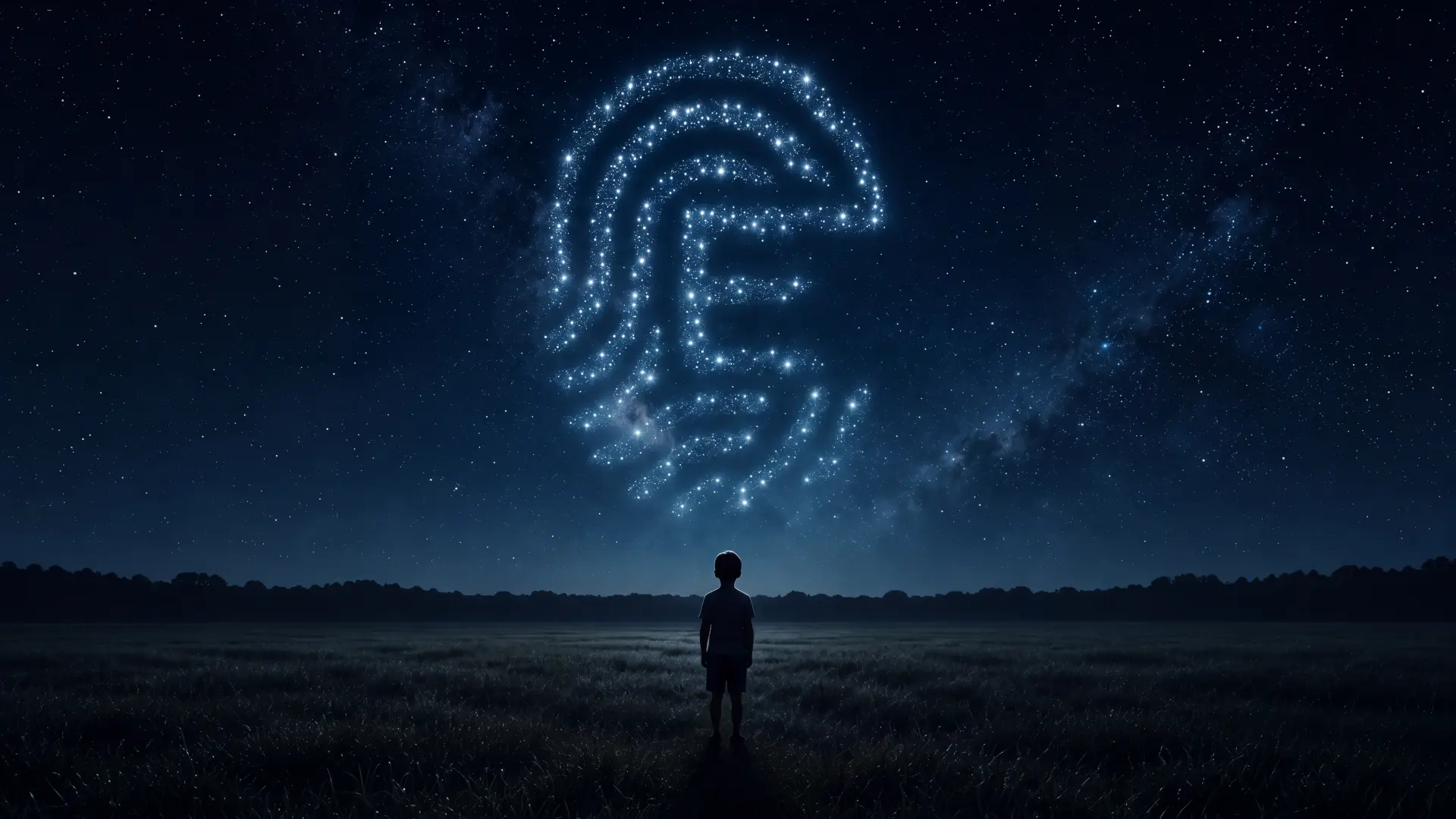 A boy in a field beneath the Eziah constellation